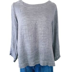 🔥Tahari 100%‎ Linen Gray Boxy Long Sleeve Boat Neck Tunic / Blouse Women'…